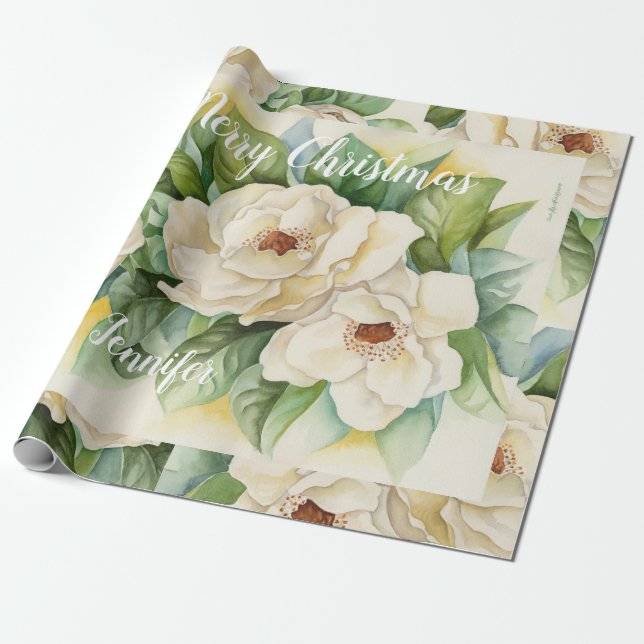Elegant Blommigt: Juldagen Magnolia White Namn  Presentpapper (Utrullad)