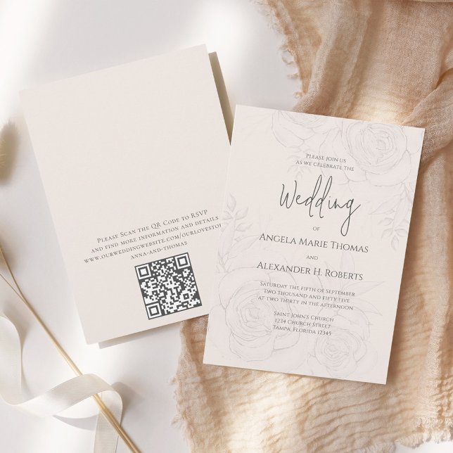 Elegant  Blommigt Kalligraphy-skript QR-kod Inbjudningar (Elegant blush floral wedding invitation with elegant calligraphy script. with QR Code. )
