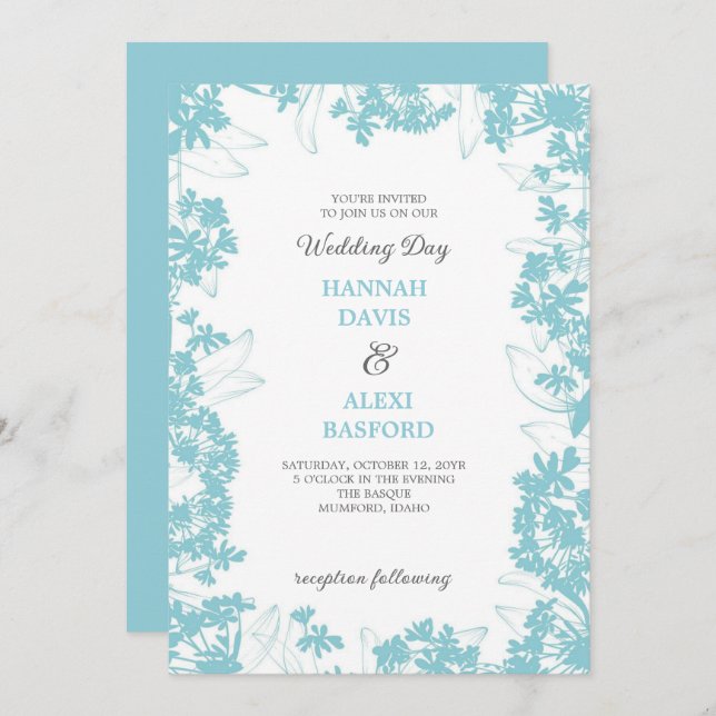 Elegant Blommigt Kant Blek Turquise Bröllop Inbjudningar (Fram/baksida)