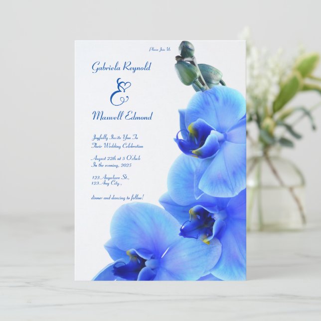 Elegant Blommigt Kärlek Blue Orchids Bröllop Inbjudningar (Stående Fram)