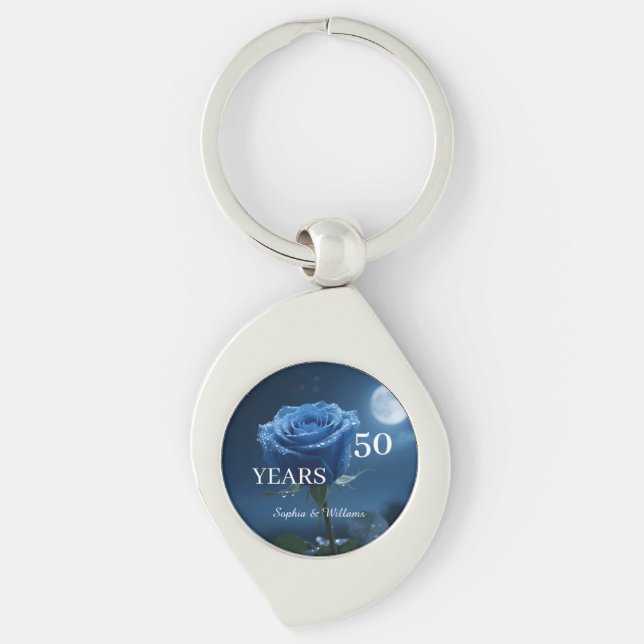Elegant Blommigt Keepsak - Romantic Blue Ro Gift Swirl Silverfärgad Nyckelring (Framsidan)
