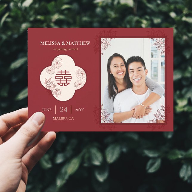 Elegant Blommigt Kinesiskt foto Bröllop Spara datu Datumet (Elegant Floral Chinese Wedding Photo Save the Date)