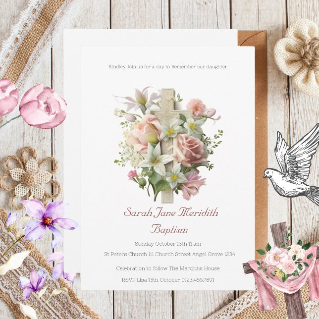 Elegant Blommigt Kor Baptism Inbjudningar (Elegant Floral Cross Baptism Invitation )