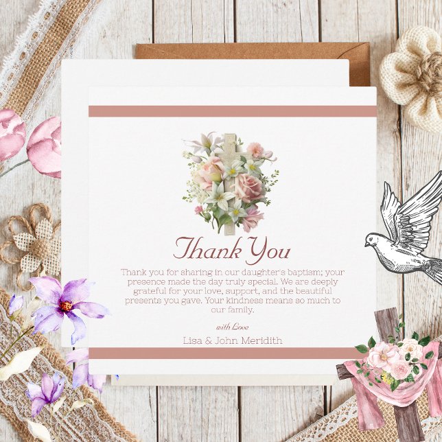 Elegant Blommigt Kor Baptism Tack Kort (Floral Cross Thank You Card)