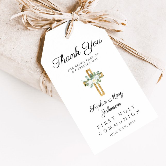 Elegant Blommigt Kor Första kommunens Tack Presentetikett (Elegant Floral Cross First Communion Thank You Gift Tags)