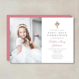 Elegant Blommigt Kor Girl First Communion Photo Inbjudningar