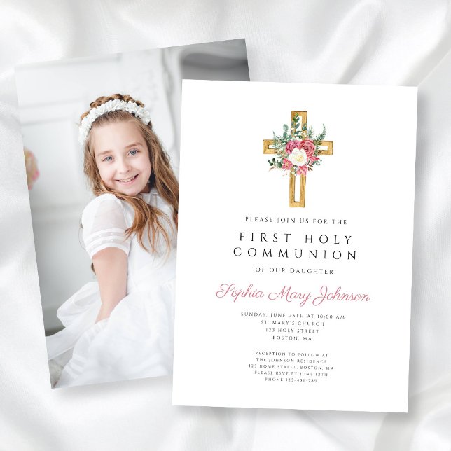 Elegant Blommigt Kor Girl First Communion Photo Inbjudningar (Elegant Floral Cross Girl First Communion Photo Invitation)