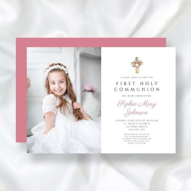 Elegant Blommigt Kor Girl First Communion Photo Inbjudningar (Elegant Floral Cross Girl First Communion Photo Invitation)