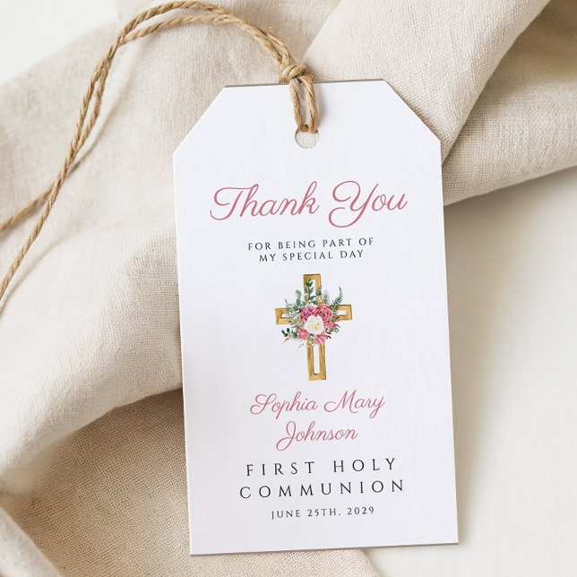 Elegant Blommigt Kor Girl First Communion Presentetikett (Elegant Floral Cross Girl First Communion Gift Tags)