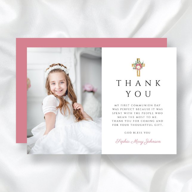 Elegant Blommigt Kor Girl First Communion Tack Kort (Elegant Floral Cross Girl First Communion Thank You Card)