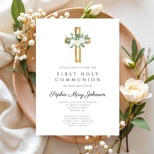 Elegant Blommigt Kor Girl First Heliga Communion Inbjudningar (Elegant Floral Peonies Girl First Communion Invitation)