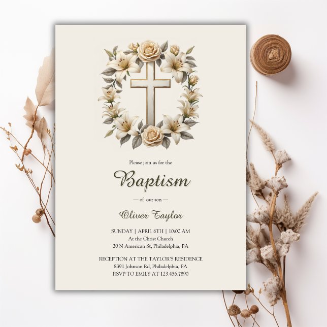 Elegant Blommigt Kor Kön Neutral Baptism Neutral B Inbjudningar (Classic Gender Neutral Baptism Invitation with Modern Floral Cross Design)