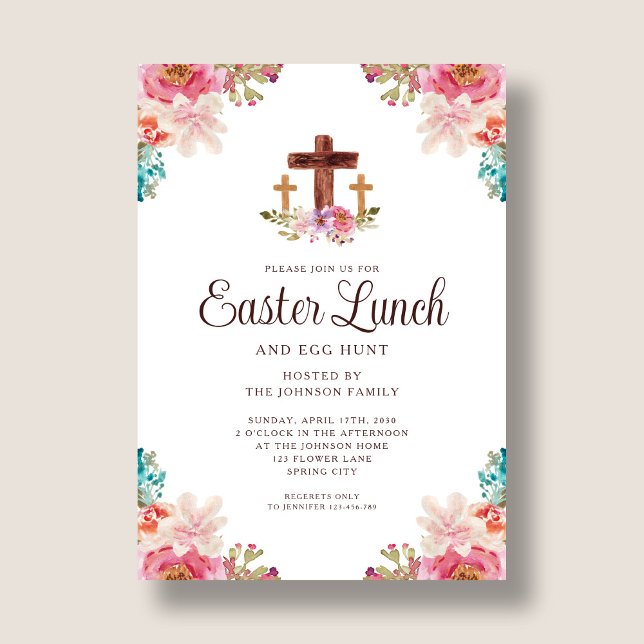 Elegant Blommigt Kor Påsk Lunch Inbjudningar (Elegant Floral Cross Easter Lunch Invitation)