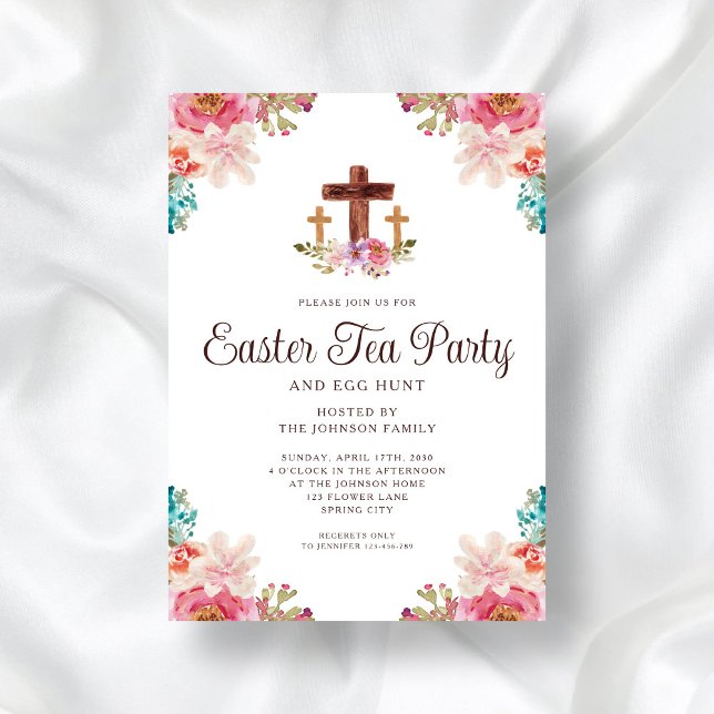 Elegant Blommigt Kor Tea Party Påsk Inbjudningar (Elegant Floral Cross Tea Party Easter Invitation)