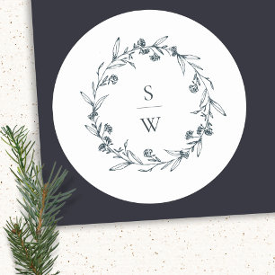 Elegant Blommigt Laurel Utandning Monogram Bröllop Runt Klistermärke