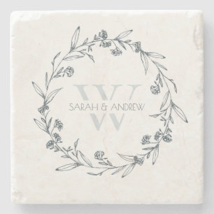 Elegant Blommigt Laurel Utandning Monogram Bröllop Stenunderlägg