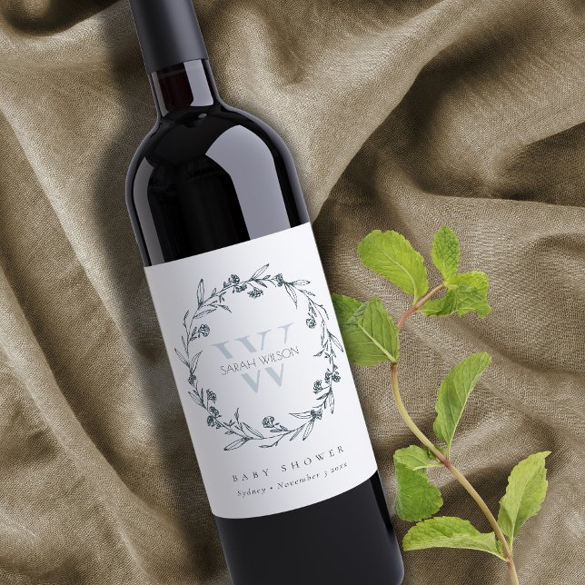 Elegant Blommigt Laurel WandeMonogram Baby Shower Vinflaska Etikett (Skapare uppladdad)