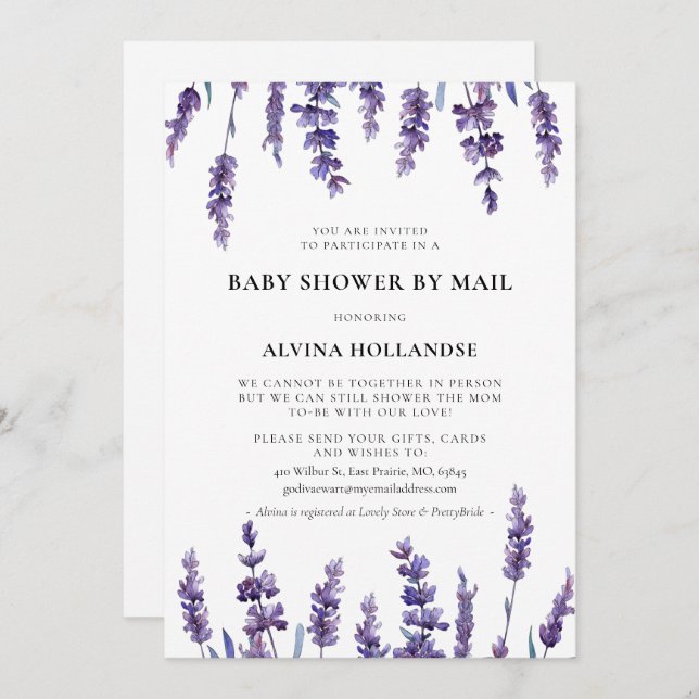 Elegant blommigt lavender Baby Shower med post Inbjudningar (Fram/baksida)