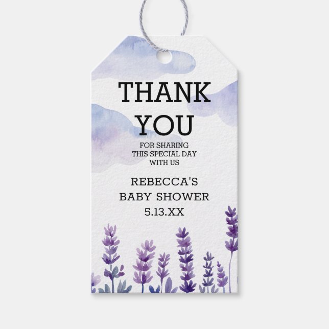 Elegant blommigt lavender Baby Shower-tjänst Presentetikett (Framsidan)