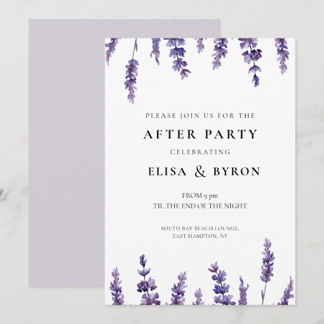 Elegant blommigt lavender bröllop efter party inbjudningar (Fram/baksida)