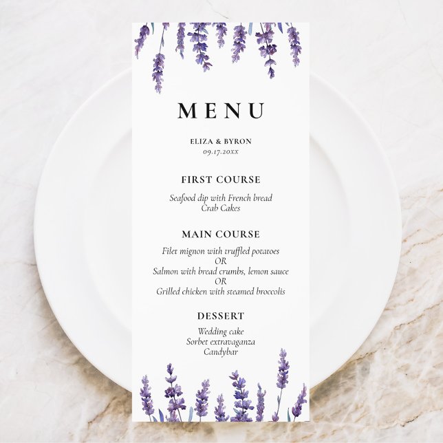Elegant blommigt lavender bröllop meny (Skapare uppladdad)