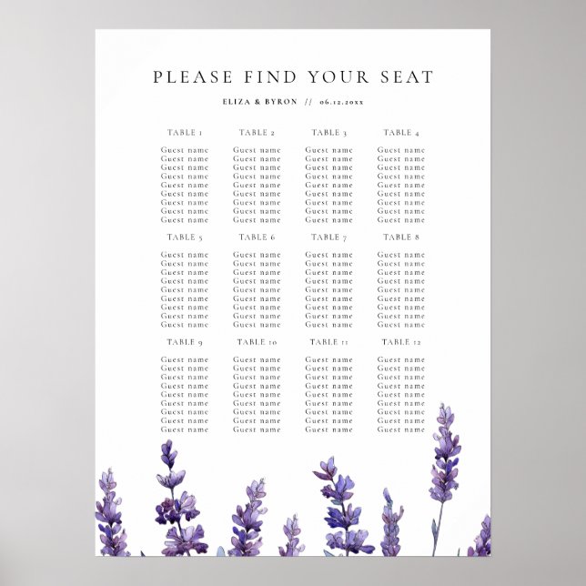 Elegant Blommigt Lavender Bröllop sittdiagram Poster (Framsidan)