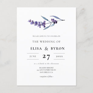 Elegant blommigt lavender bröllopsinbjudan vykort