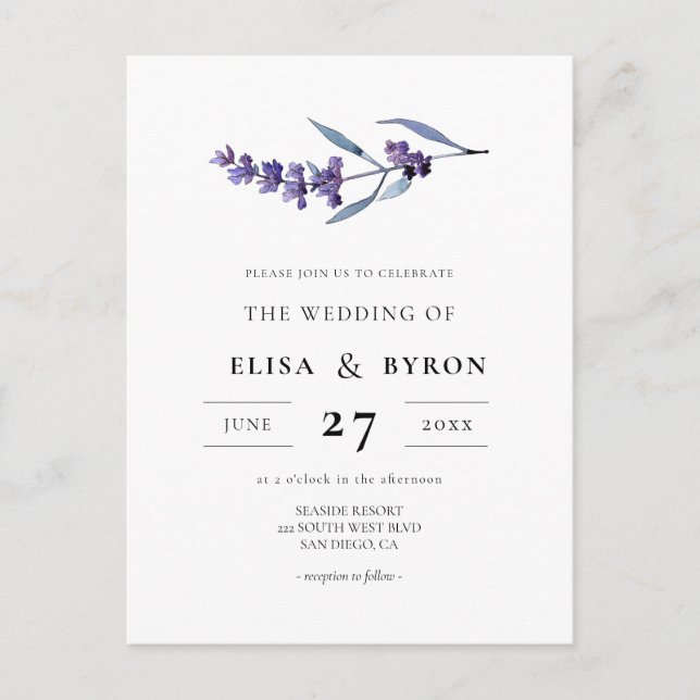Elegant blommigt lavender bröllopsinbjudan vykort (Framsida)