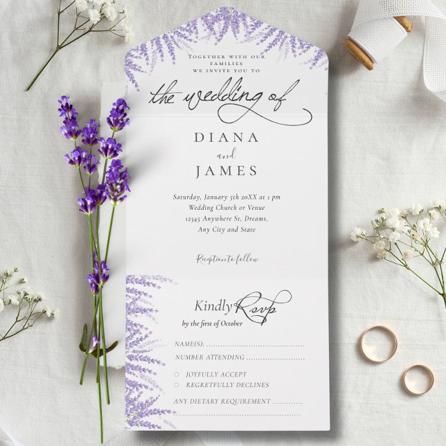 Elegant Blommigt Lavender Calligraphy Bröllop (Elegant Floral Lavender Calligraphy Wedding All In One Invitation)