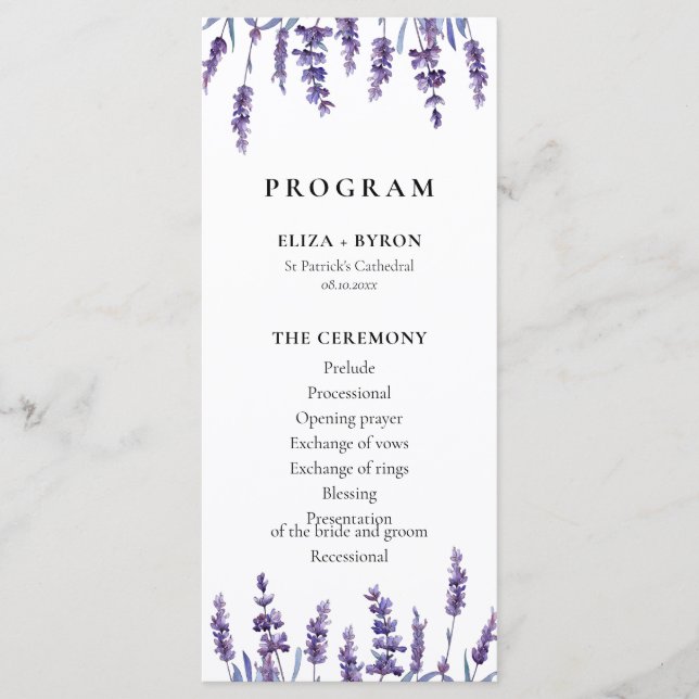 Elegant blommigt lavender dubbla sida vid bröllop program (Framsida)