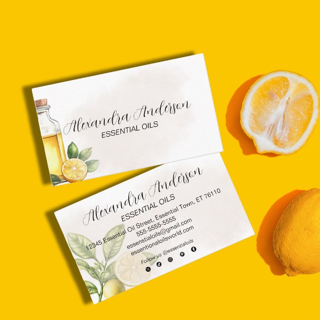 Elegant Blommigt Lemon Essential Oils Watercolor Visitkort (Elegant Floral Lemon Essential Oils Watercolor Business Card)