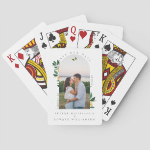 Elegant Blommigt Lemon Träd Arch-foto Spara datum Casinokort