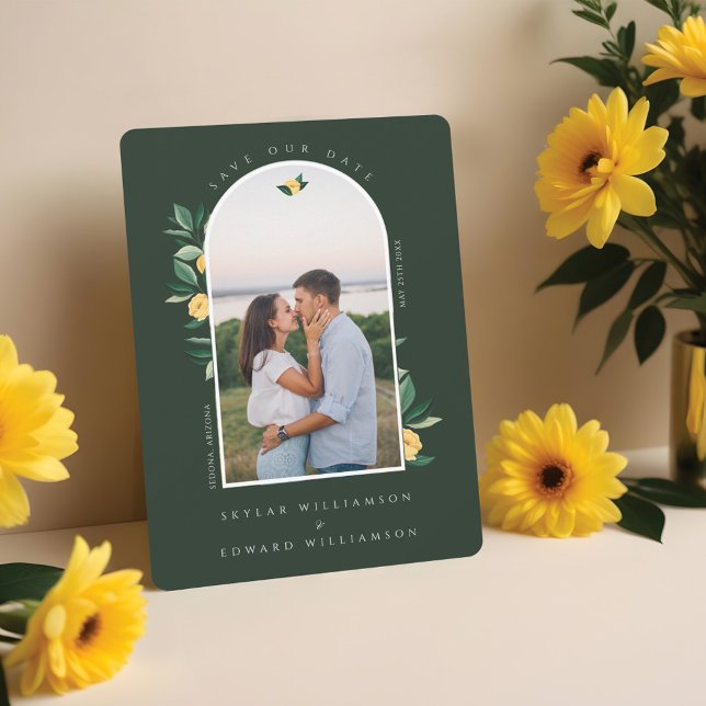 Elegant Blommigt Lemon Träd Arch Photo Grönt Spara Datumet (Elegant Floral Lemon Tree Arch Photo Green Save The Date)