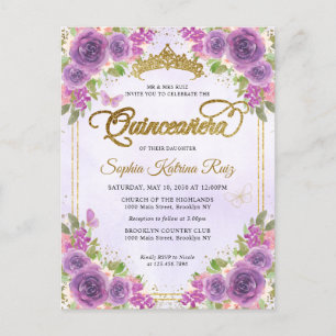 Elegant Blommigt Light Lila Guld Tiara Quinceañera Vykort