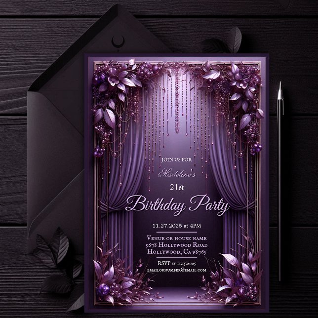 Elegant Blommigt Lila Födelsedagsfest inbjudan (Elegant Floral Amethyst Purple Birthday Party Invitation)
