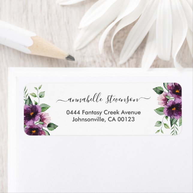 Elegant Blommigt Lila Grönt Bröllop Returadress Etikett (Insitu)