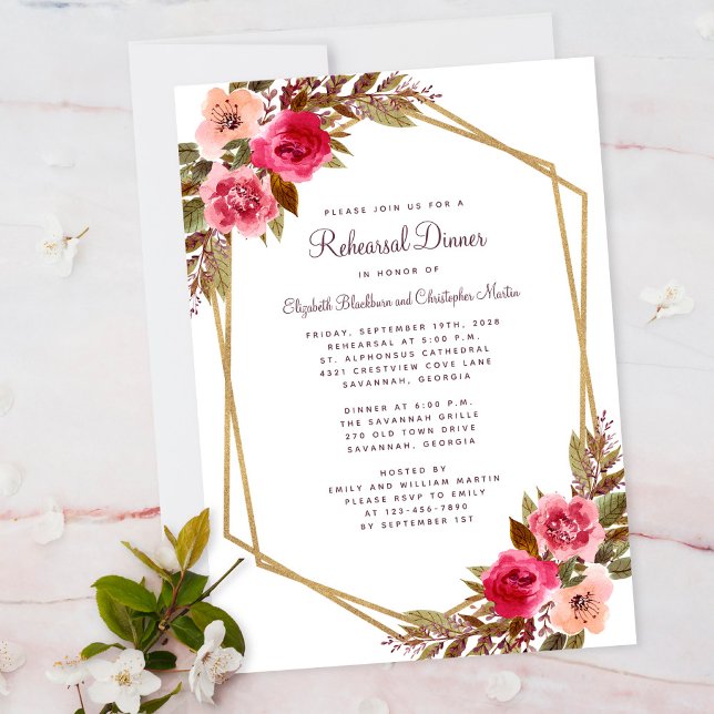 Elegant Blommigt  Lila Guld Rehearsal Dinner Inbjudningar (Elegant Floral Blush Purple Gold Rehearsal Dinner Invitation)