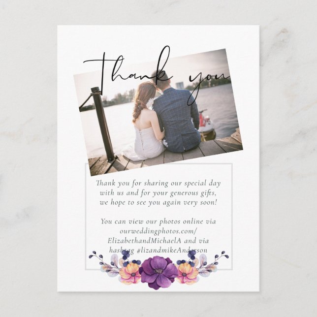 Elegant Blommigt Lila Orange Bröllop Vykort (Framsida)