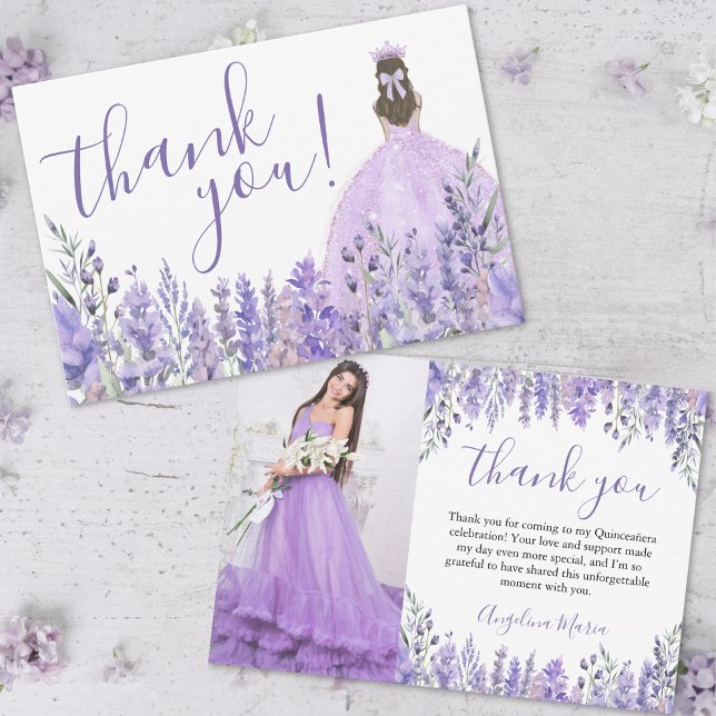 Elegant Blommigt Lila Quinceañera Photo Tack Kort (Elegant Floral Purple Quinceañera Photo Thank You Card)