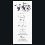 Elegant Blommigt Lila Vattenfärg för marin  Meny<br><div class="desc">Den här vackra bröllopsmenyn med elegant och blommigt har mörkens lila,  marinblått och gräddvita vattenfärgblommor på gräddens och mörkens bakgrunder och kalligrafiskript,  och är enkel att anpassa med din egen bröllop-information. Perfekt för vintern,  vår eller sommaren bröllop. Design av T.K. Goforth.</div>