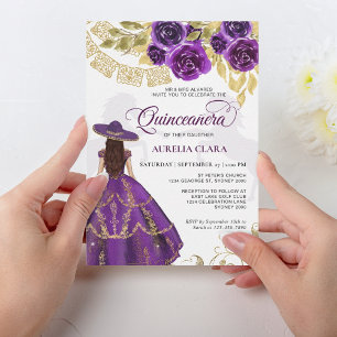 Elegant Blommigt Lila Violet Quinceañera Inbjudningar