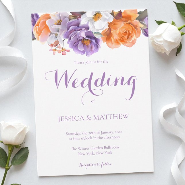 Elegant Blommigt Lila Watercolor Flowers Bröllop Inbjudningar (Elegant Floral Purple Watercolor Flowers Wedding Invitation)