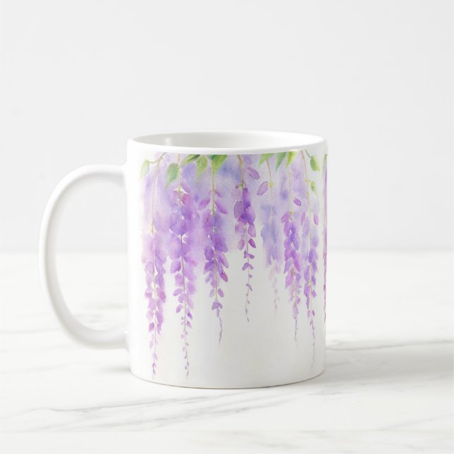 Elegant Blommigt Lila Wisteria Flowers Vattenfärg Kaffemugg (Vänster)