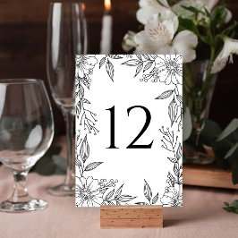 Elegant Blommigt Line Teckning Black White Bröllop Bordsnummer