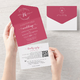 Elegant Blommigt Magenta Monogram QR-kod Bröllop