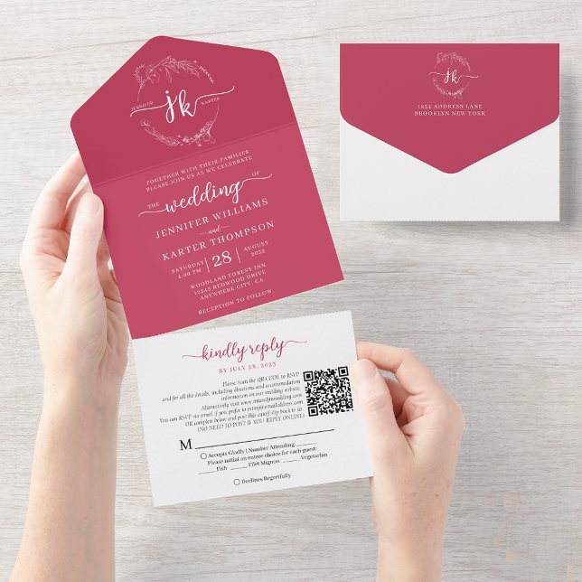 Elegant Blommigt Magenta Monogram QR-kod Bröllop (Skapare uppladdad)