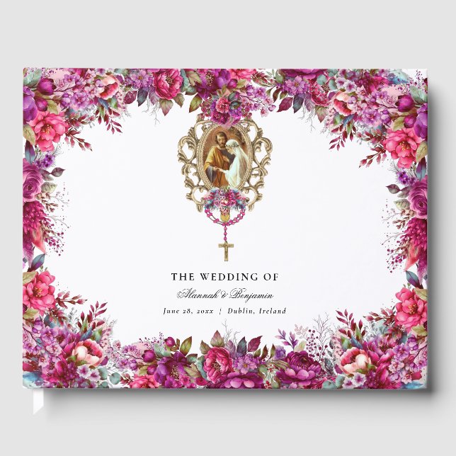Elegant Blommigt Magenta Vår katolska Bröllop Gästböcker (Framsida)