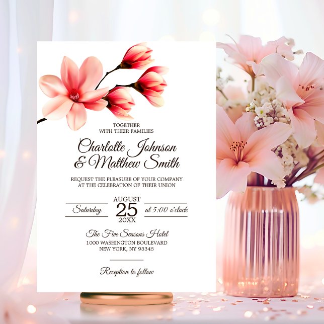 Elegant Blommigt Magnolia Coral Rosa Peach Bröllop Inbjudningar (Elegant Floral Magnolia Coral Peach Pink Color Wedding Invitation)