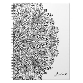 Elegant Blommigt Mandala Art Black and White Circl Anteckningsbok