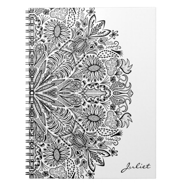 Elegant Blommigt Mandala Art Black and White Circl Anteckningsbok (Framsidan)